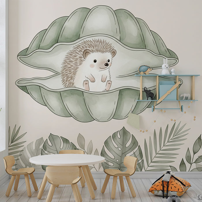 Babykamer behang | Egeltje in een schelp