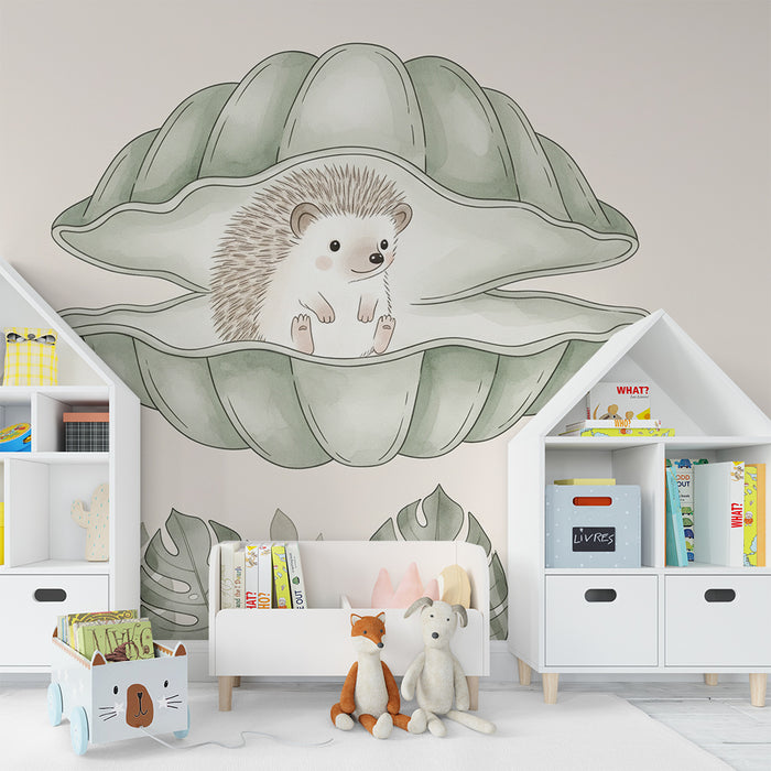 Babykamer behang | Egeltje in een schelp