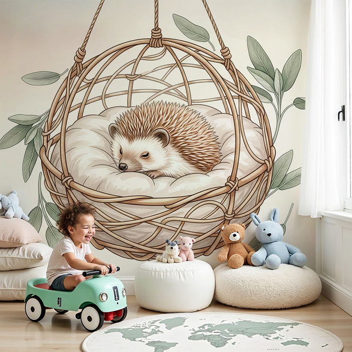 Papier peint chambre bébé | Hérisson douillet dans son nid