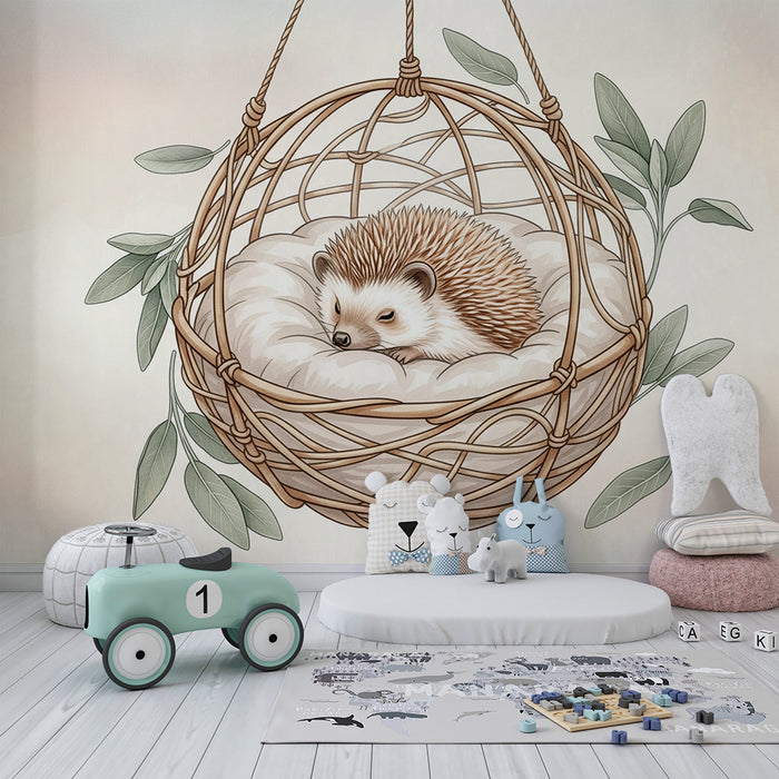 Papier peint chambre bébé | Hérisson douillet dans son nid