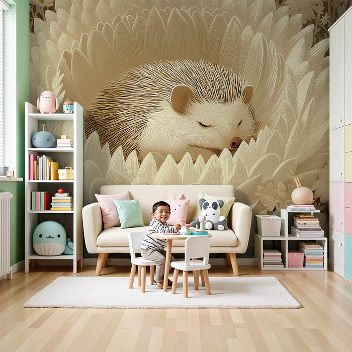 Nursery room wallpaper | Sleeping hedgehog in the heart of a delicate flower