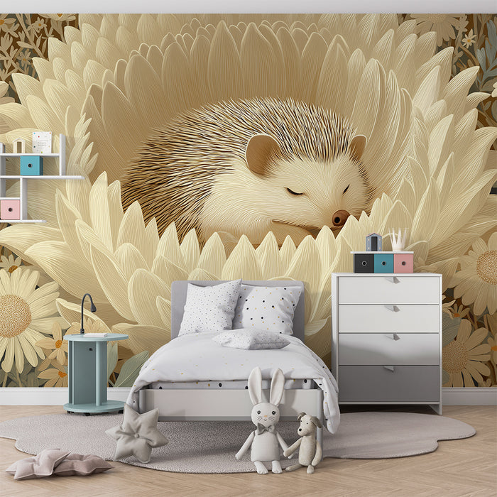 Nursery room wallpaper | Sleeping hedgehog in the heart of a delicate flower