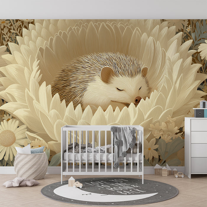 Nursery room wallpaper | Sleeping hedgehog in the heart of a delicate flower