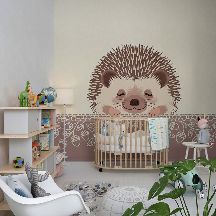 Papel de parede para quarto de bebé | Ouriço a dormir com motivos de folhas e bolotas