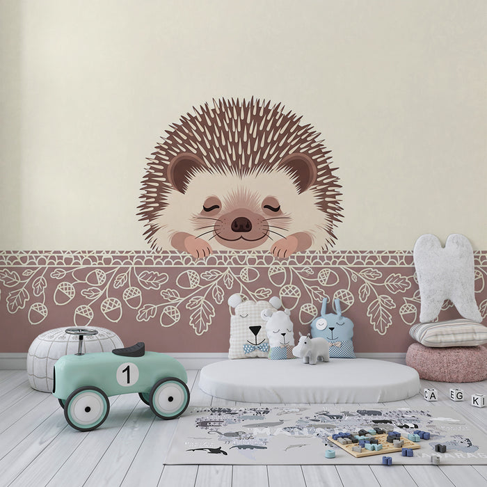 Papel de parede para quarto de bebé | Ouriço a dormir com motivos de folhas e bolotas