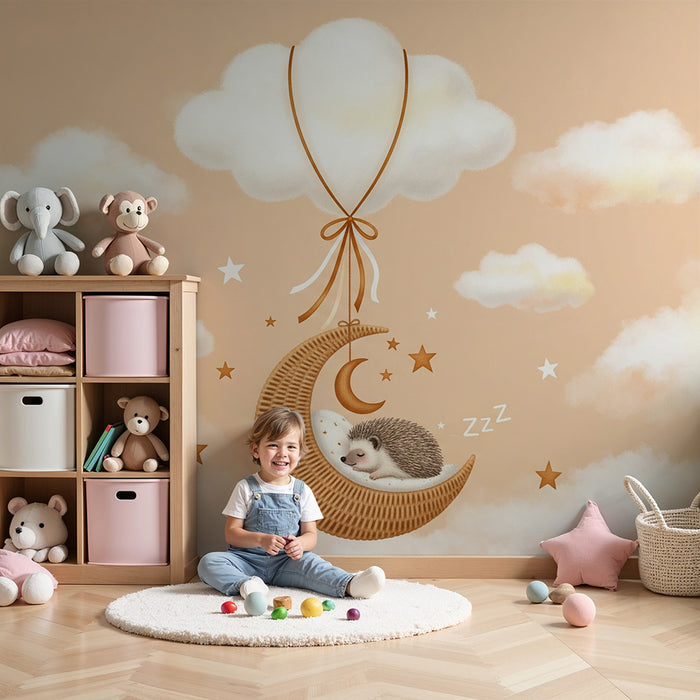 Babyzimmer Tapete | Schlafender Igel in einer Mondsichel mit Sternen