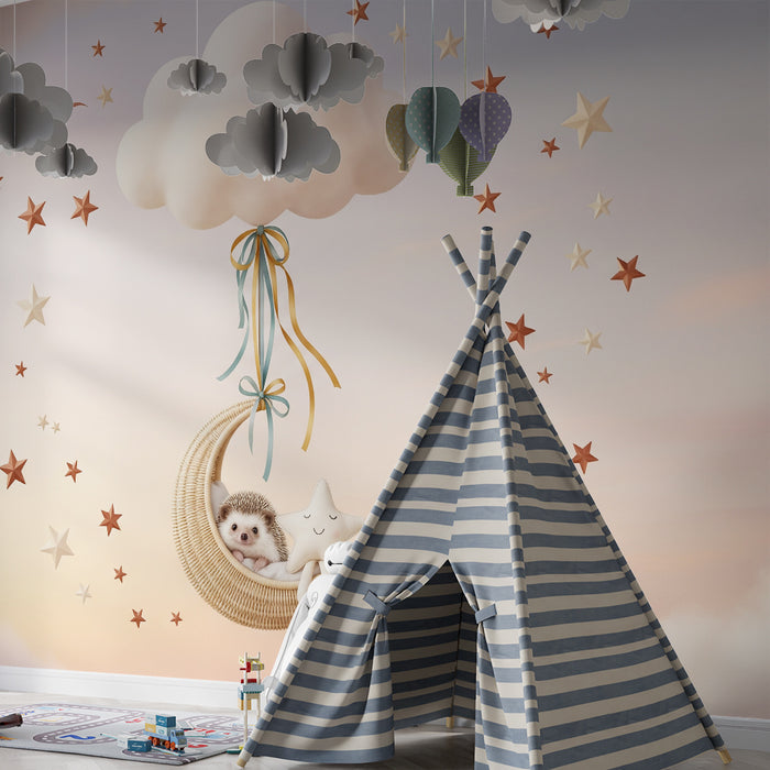 Papel de parede para quarto de bebé | Ouriço a dormir num quarto de lua com estrelas e nuvens