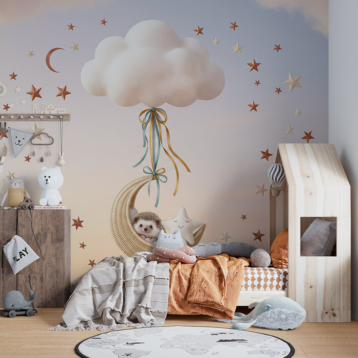 Papel de parede para quarto de bebé | Ouriço a dormir num quarto de lua com estrelas e nuvens