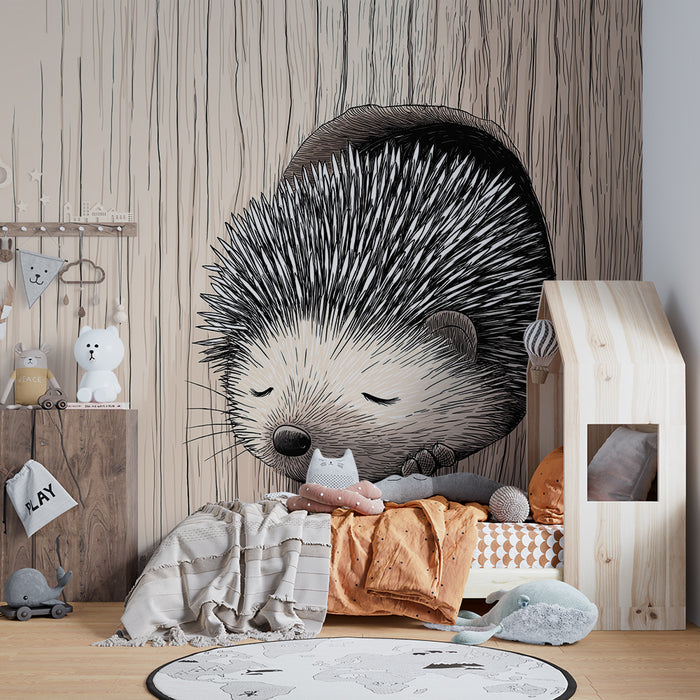 Papel de parede quarto bebê | Ouriço a dormir numa árvore oca
