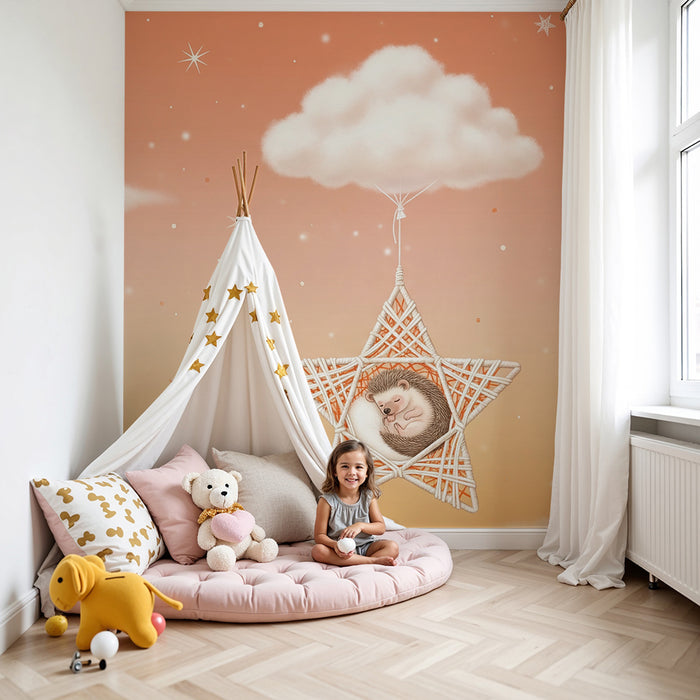 Babyzimmer Tapete | Schlafender Igel in schwebendem Stern
