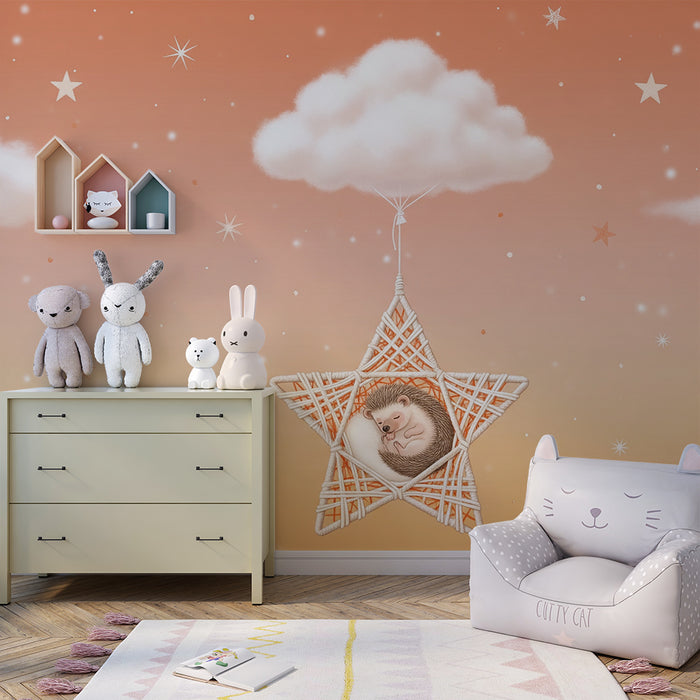 Babyzimmer Tapete | Schlafender Igel in schwebendem Stern