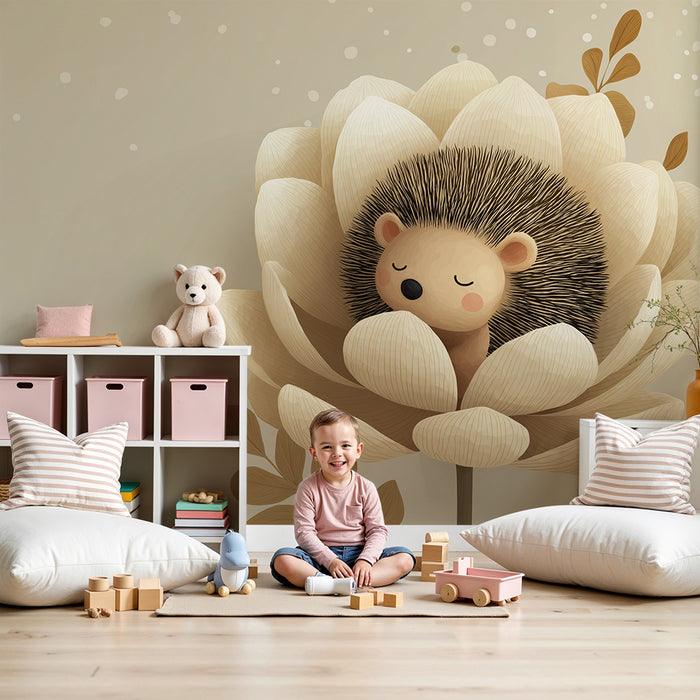 Nursery room wallpaper | Sleeping hedgehog in a delicate flower