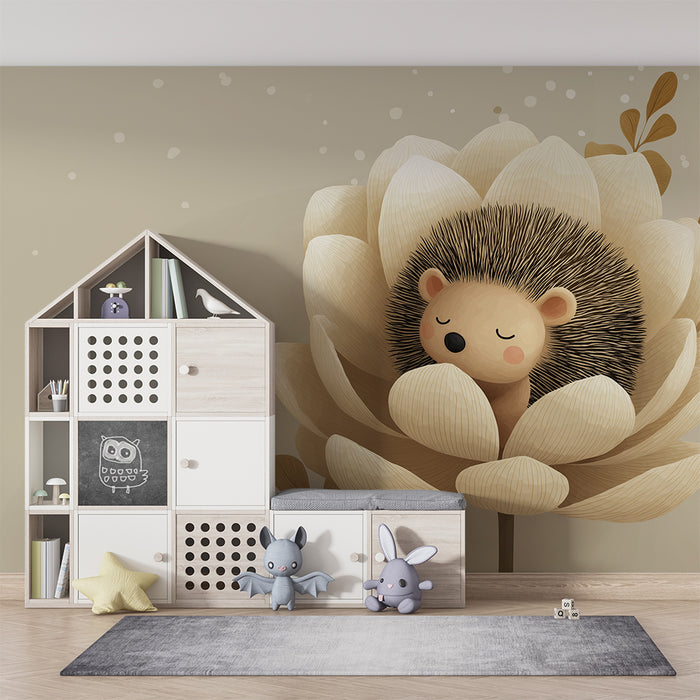 Nursery room wallpaper | Sleeping hedgehog in a delicate flower