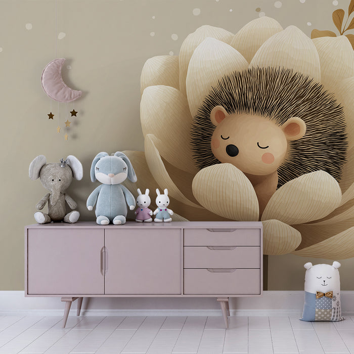 Nursery room wallpaper | Sleeping hedgehog in a delicate flower