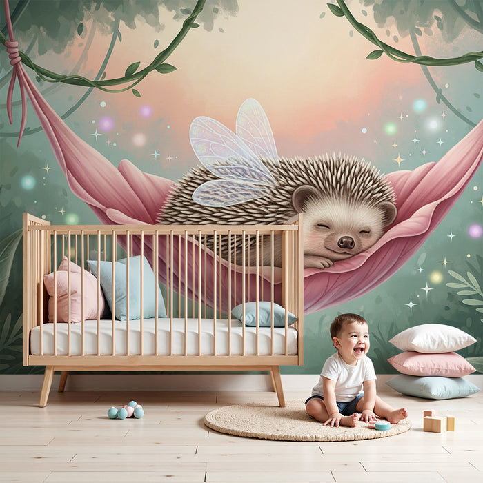 Papier de parede pre detskú izbu | Spiaci ježko v kúzelnom kvete s vílími krídlami