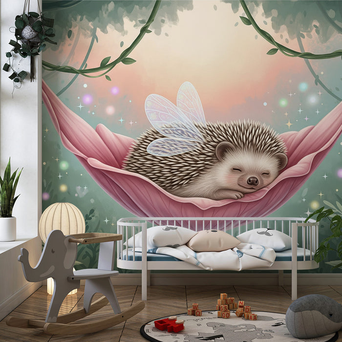 Papier de parede pre detskú izbu | Spiaci ježko v kúzelnom kvete s vílími krídlami