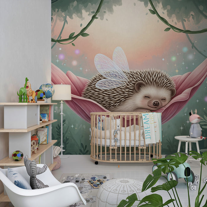 Papier de parede pre detskú izbu | Spiaci ježko v kúzelnom kvete s vílími krídlami