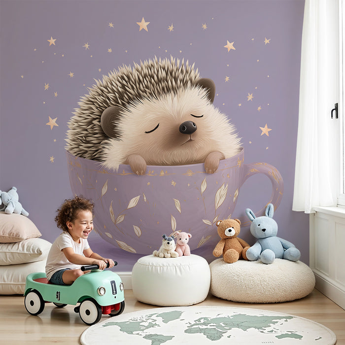 Papier peint chambre bébé | Hérisson endormi dans une tasse étoilée