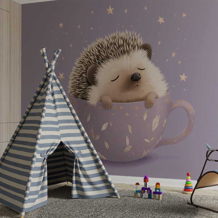 Papier peint chambre bébé | Hérisson endormi dans une tasse étoilée
