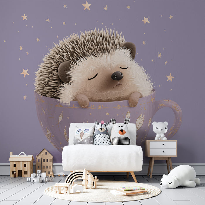 Papier peint chambre bébé | Hérisson endormi dans une tasse étoilée