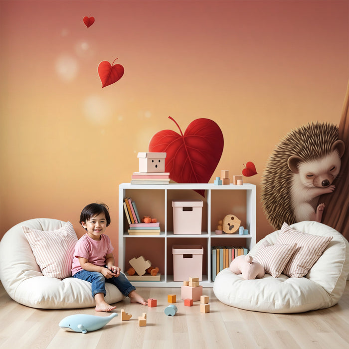 Papier peint chambre bébé | Hérisson endormi et cœurs flottants dans un doux coucher de soleil