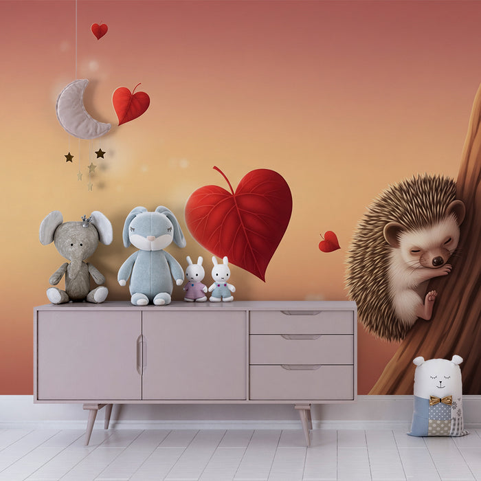 Papier peint chambre bébé | Hérisson endormi et cœurs flottants dans un doux coucher de soleil
