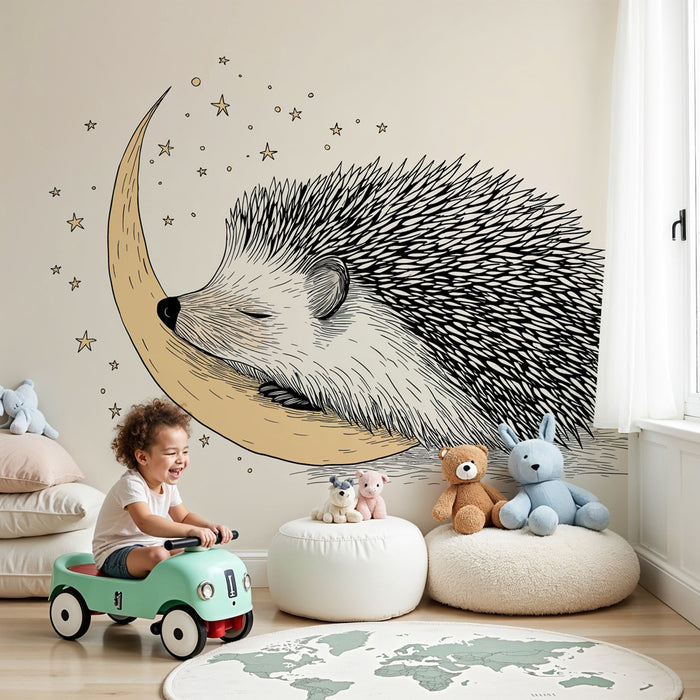 Papel pintado infantil | Erizo dormido bajo la luna