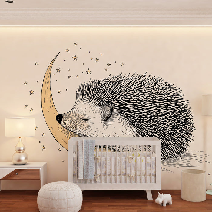 Papel pintado infantil | Erizo dormido bajo la luna