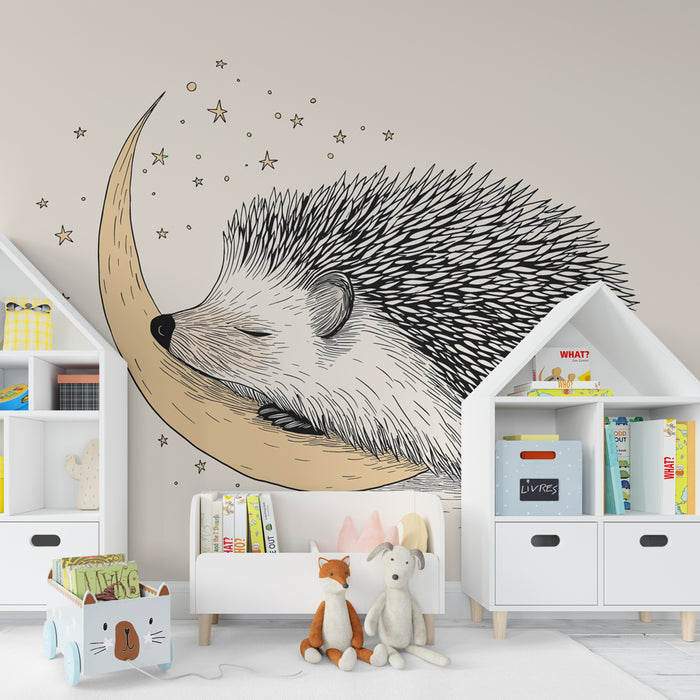 Papel pintado infantil | Erizo dormido bajo la luna