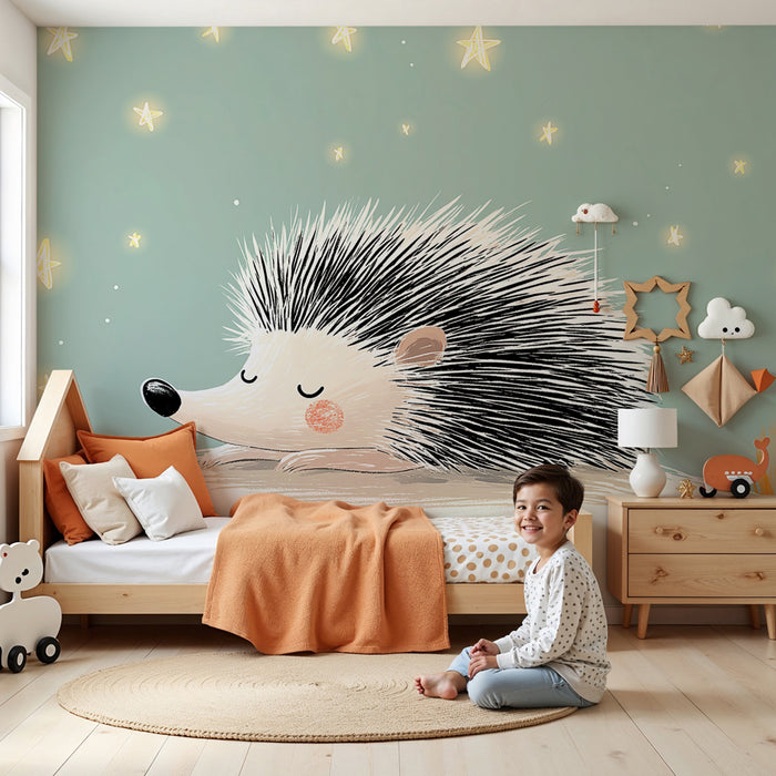 Papel pintado infantil | Erizo dormido bajo las estrellas