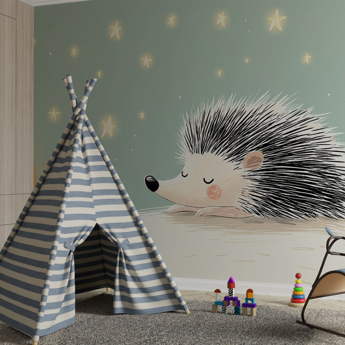 Papel pintado infantil | Erizo dormido bajo las estrellas