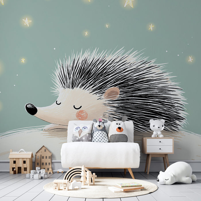 Papel pintado infantil | Erizo dormido bajo las estrellas