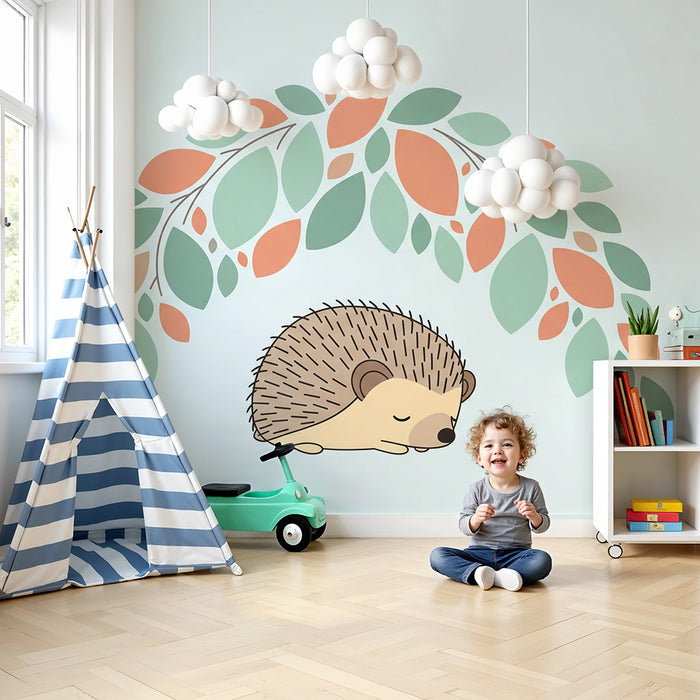 Barntapet | Sovande igelkott under en båge av färgglada löv