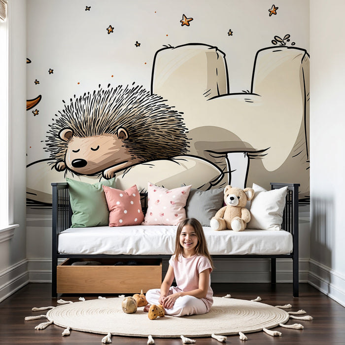 Papel pintado infantil | Erizo dormido bajo una luna suave