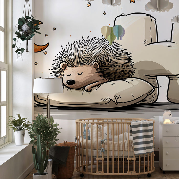 Papel pintado infantil | Erizo dormido bajo una luna suave