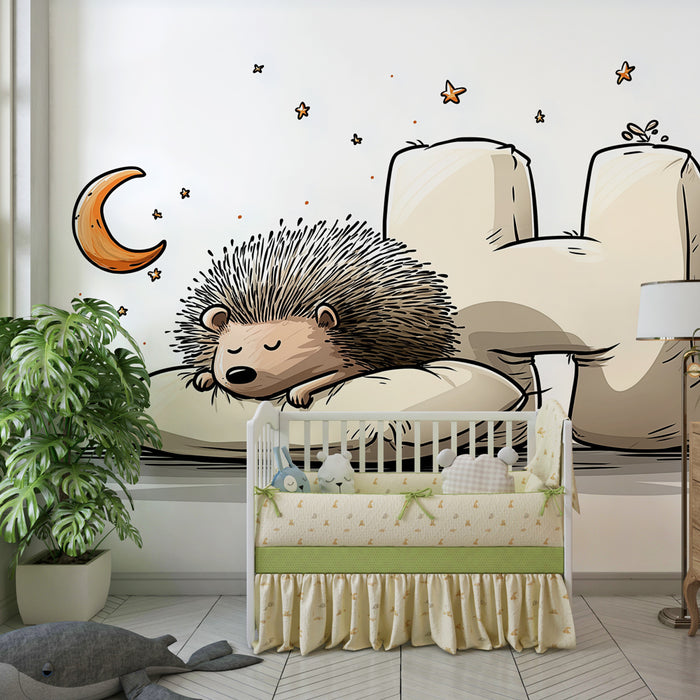 Papel pintado infantil | Erizo dormido bajo una luna suave