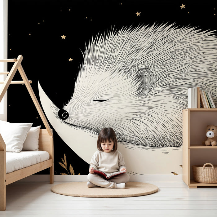 Papel pintado infantil | Erizo dormido en la luna