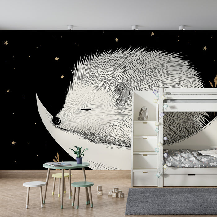 Papel pintado infantil | Erizo dormido en la luna