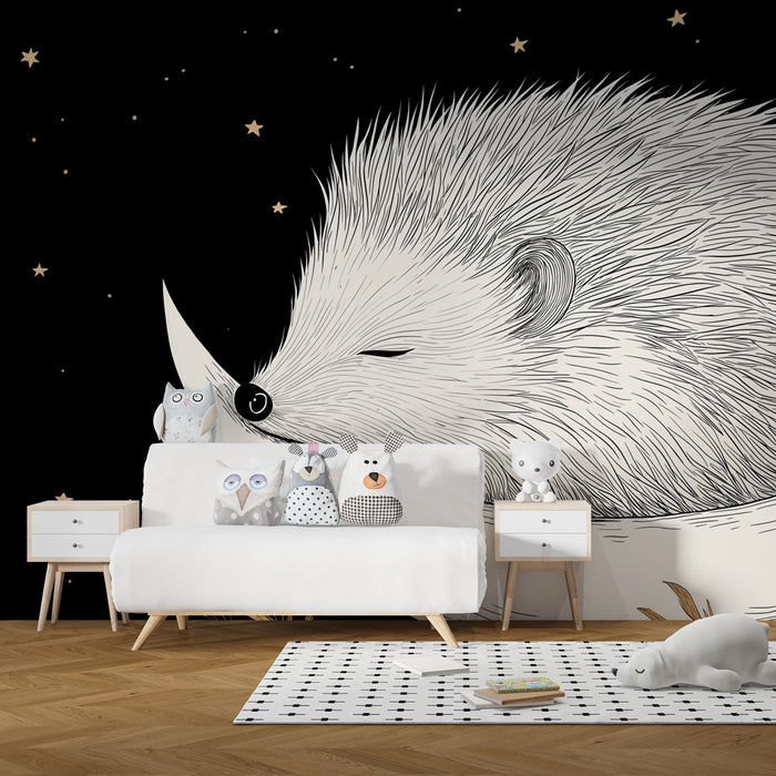 Papel pintado infantil | Erizo dormido en la luna