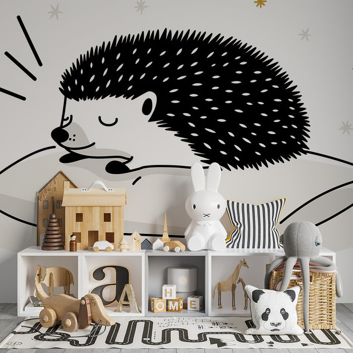 Barntapet | Sovande igelkott på en kudde med glittrande stjärnor