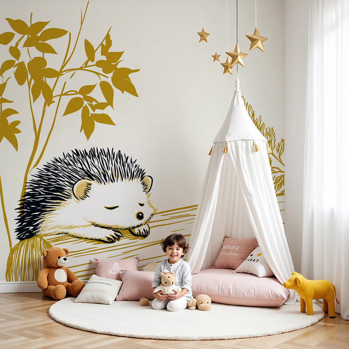 Tapéta baba szobához | Álmos sündisznó egy farönkön arany levelek között