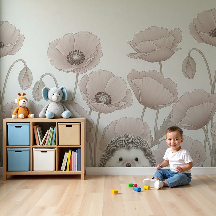 Papel de parede quarto bebê | Ouriço e papoulas delicadas