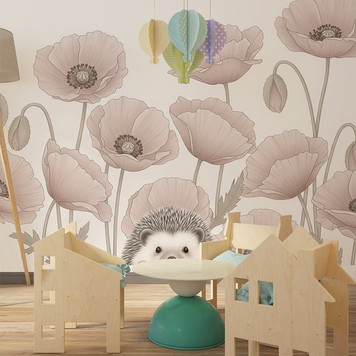 Papel de parede quarto bebê | Ouriço e papoulas delicadas
