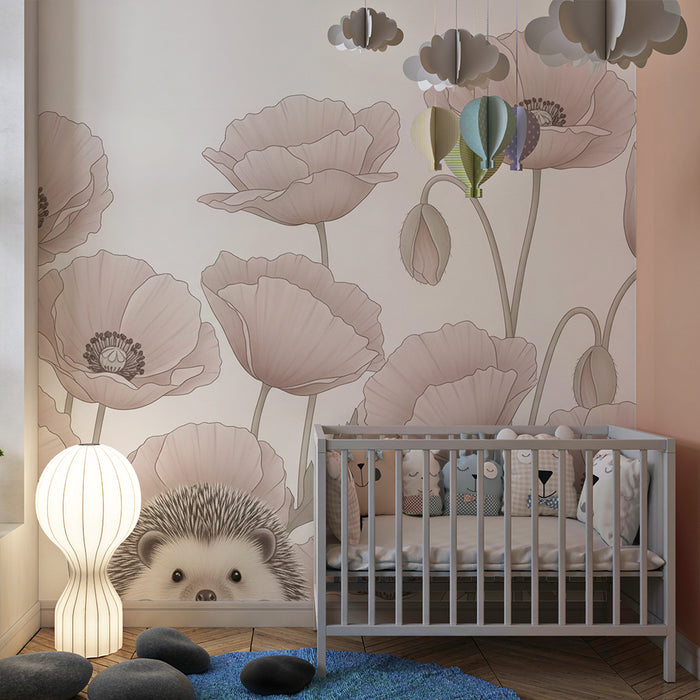 Papel de parede quarto bebê | Ouriço e papoulas delicadas