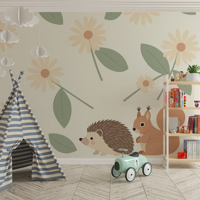Papier peint chambre bébé | Hérisson et écureuil au milieu des fleurs