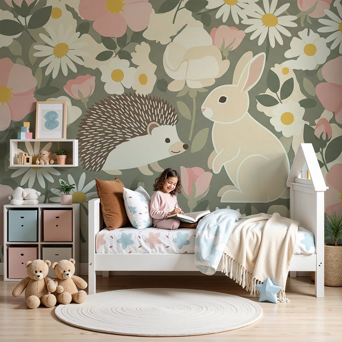 Barntapet | Igelkott och kanin mitt i delikata blommor