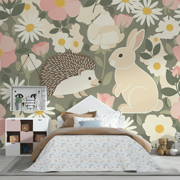 Barntapet | Igelkott och kanin mitt i delikata blommor