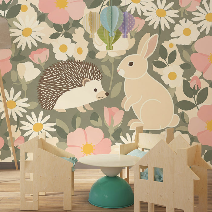 Barntapet | Igelkott och kanin mitt i delikata blommor