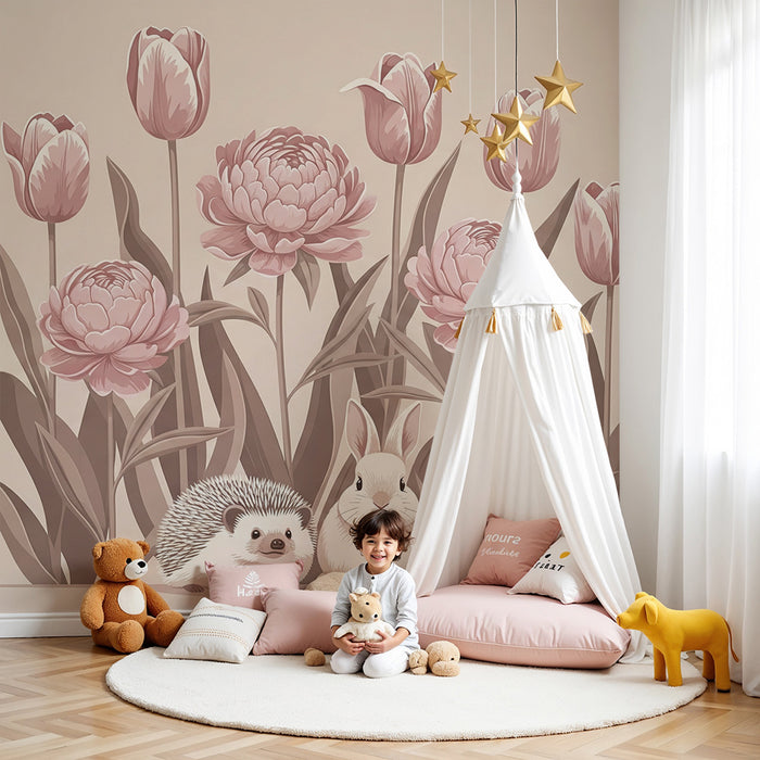 Papier de parede izba pre bábätko | Ježko a králik uprostred kvetov