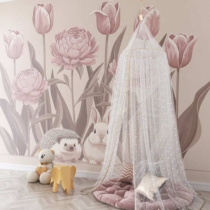 Papier de parede izba pre bábätko | Ježko a králik uprostred kvetov